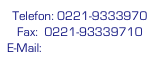 Telefon: 0221-9333970
Fax:  0221-93339710
E-Mail: info@cengizgmbh.de